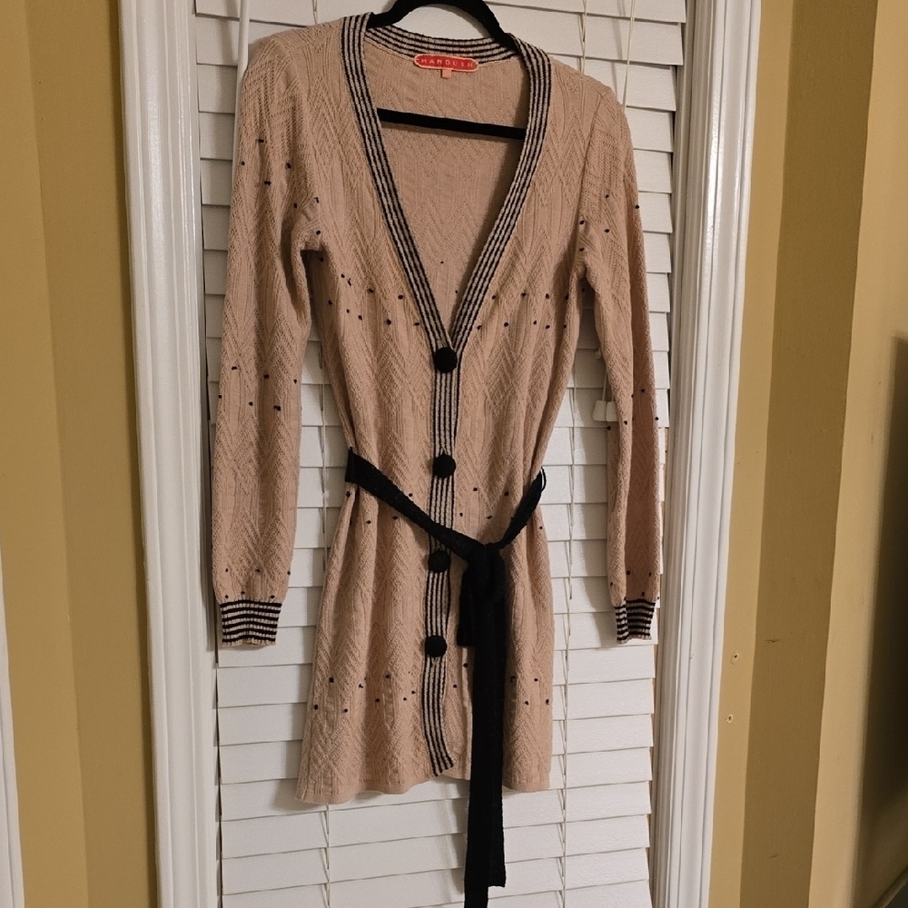 MANOUSH Cotton Cream and Black Long Cardigan with Textured Knit